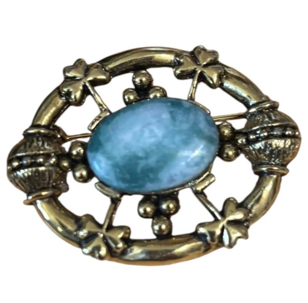Vintage Blue Glass Cabochon Brooch Gold Tone Circle Floral Leaf Pin Estate